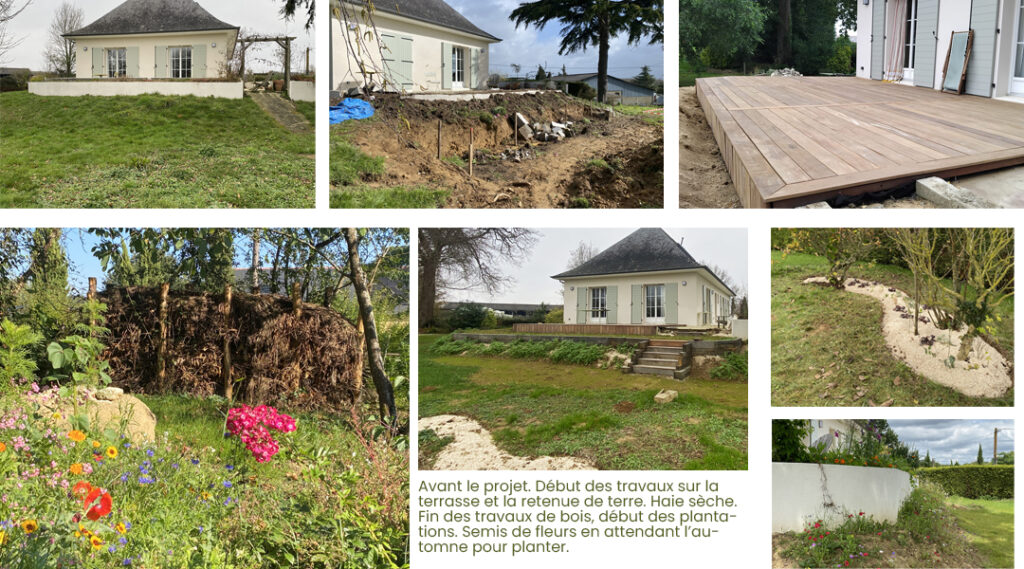 Avant-après travaux. Aménagement écologique jardin naturel